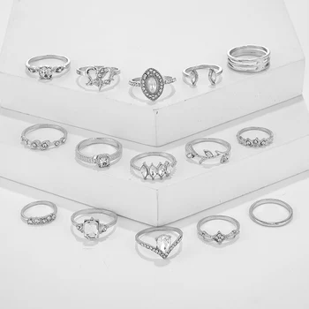 15 stk/masse OL Blad Hjertet Finger Ringe Sæt Kvindelige Klar Krystal Hjerte Åbne Grænsen Ringe til Kvinder, Negle, Tæer Fælles Ring Smykker 1490