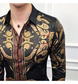 Plus størrelse 6XL Camisas Masculinas 2020 Foråret Herre Sort Guld Print Skjorte Luksus Barok Slank Skjorte Club Toppe, Mode, Street Wear 1602