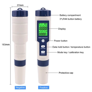 5 i 1 TDS/EF/PH/Saltholdighed og Temperatur Måleren Digital Water Quality Monitor Tester for Puljer, Drikkevand, Akvarier 3044