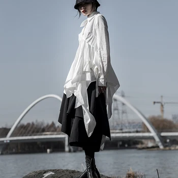 [EAM] Kvinder Hvid Asymmetrisk Flæser Casual Bluse Nye Revers Lange Ærmer i Loose Fit Skjorte Fashion Forår, Efterår 2021 1DD6192 4636