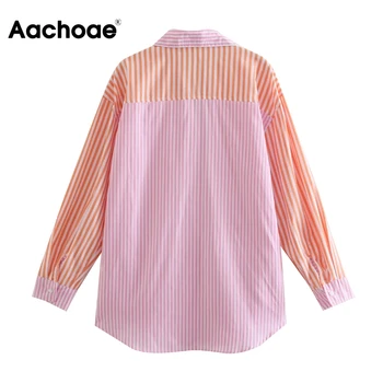 Aachoae High Street Kvinder Løs Patchwork-Shirt Med Lommer, Stribet Langærmet Bomulds Bluse Mode Turn Down Krave Toppe 4688