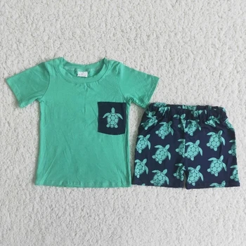 Engros Baby Dreng Sommer Tøj Grønne Kort Ærme Lomme Shirt Havskildpadde Shorts Børn Boutique-Kids Fashion Tøj 7295