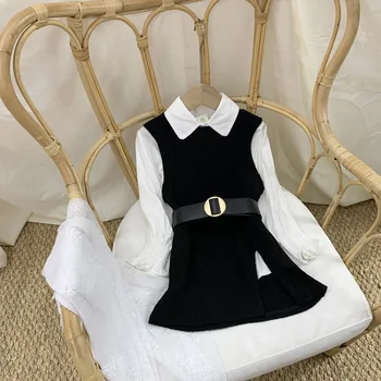 2021 Baby Girl Fashion Tøj Sæt Sød Hvid lang skjorte + strikket vest kjole Tøj Sæt, Børn, Fest, Fødselsdag Bære 30