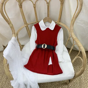 2021 Baby Girl Fashion Tøj Sæt Sød Hvid lang skjorte + strikket vest kjole Tøj Sæt, Børn, Fest, Fødselsdag Bære 30