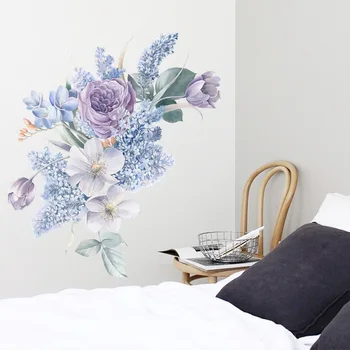 Lilla romantisk akvarel simulering blomster wallstickers stue, soveværelse sengen baggrund selvklæbende wall stickers 100270