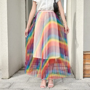 Kvinders Sommeren Nye Rainbow Høj Talje Nederdel Plisseret Nederdel Mesh Vis Tynd Slank Casual Mode Trend 104586