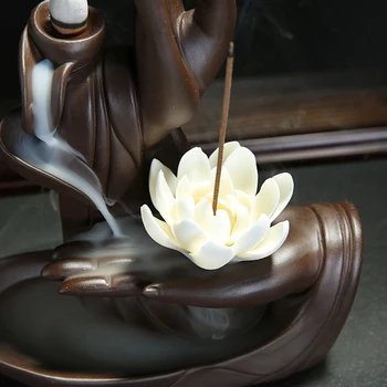Lotus Tilbagestrømning Røgelse Burener Keramiske Røg Vandfald Røgelse Pind Holder Med 20 Stk Kegler Tathagata Buddha Dekoration 120067