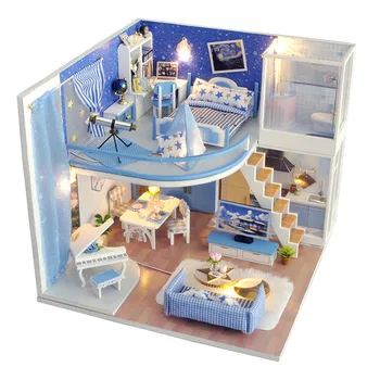 DIY-Håndlavet dukke hus musik + LED lys klaver villa Duplex bygning, træ-miniature dukkehus møbler teleskop værelses toy 123849