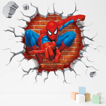 3D Marvel Superhelten Spiderman Ironman Wall Stickers Til Børn Drenge Soveværelse Tilbehør Gennem vægoverføringsbilleder Home Decor Vægmaleri