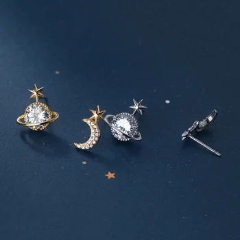 Ægte 925 Sterling Sølv Asymmetri Zircon Moon Star Stud Øreringe Til Mode Kvinder Part Søde Fine Jewelr Tilbehør
