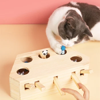 Kat Jagt Toy Jage Mus i Massivt Træ Interaktive Labyrint Pet Ramt Hamster, Kat Ramt Gophers Med 3/5-hul Mus Bunden Pet Spil 143