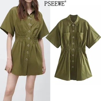 PSEEWE Za 2021 Army Grøn Mini-Shirt Kjole Kvinder om Sommeren Knappen Op kortærmet Kjole Kvinde Elastik i Taljen Afslappet Korte Kjoler 147416