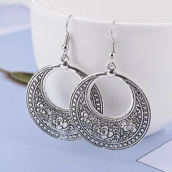 ISINYEE Mode Antik Blomst Udskårne Cirkel Øreringe Til Kvinder Bijoux Vintage Tibetansk Sølv Etnisk Øreringe Smykker 147490