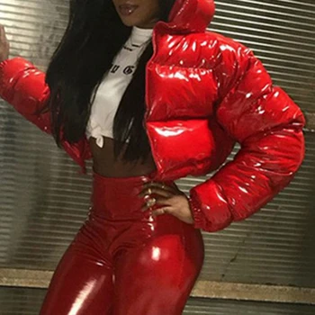 Women Winter Long Sleeve Zipper Puffer Jacket Stand Collar Shiny Metallic Faux Leather Cropped Puffy Bubble Coat Quilted Parkas