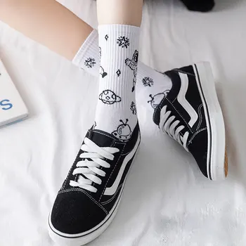 Harajuku Kawaii Sokker Sæt Astronaut Sød Mops Tegnefilm Sort Hvid Happy Socks Med Slogans Graffiti Animationsfilm Bomuld Calcetines 15500