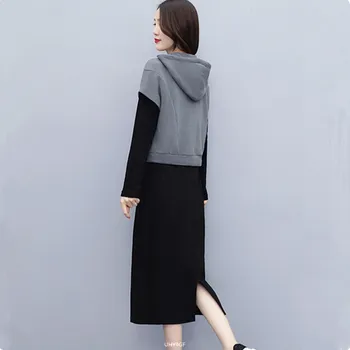 UHYTGF Elegante Studerende Forår To-delt Sæt Kvinders Mode Hooded Sweatshirt Toppe Med Base Kjole Suit Female 5XL Plus Size 1267 15647