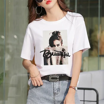 Sommer Bomuld chic Alle Match T-Shirt Kvinder Casual Trykt kortærmet T-shirt Mode koreanske Tshirt Top Tee Kvindelige Camisas 157031