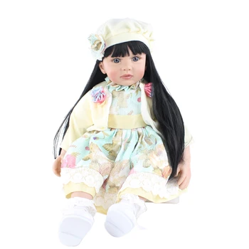 60cm Silikone Reborn Baby Doll Legetøj Vinyl Sort Langt Hår Prinsesse Pige Kjole Op Babyer i Live Bebe Pige Doll Fødselsdag Gave 15828
