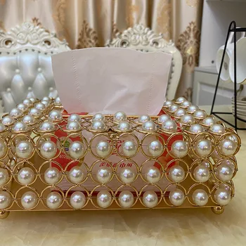 Pearl karton klassisk forgyldt håndlavet tissue box crystal guld gennemsigtig stue opbevaring karton indlagt med hvid perle 18855