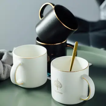 Høj Klasse Hjem Elegant Kaffe Krus Golden Mønster Keramik Cup-Runde Drikke Krus Med Håndtag Hvid Sort Kaffe Kop Mælk Keramiske Krus 19078