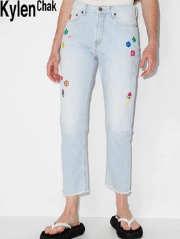 Retro Blå Stribede Jeans Straight Leg Bomuld Blomst Broderet Rå Kant er Beskåret Bukser Alle-Match Sommeren 2021 Kvinders Streetwear