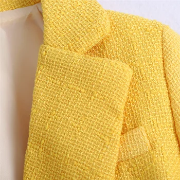 Kvinder Dobbelt Breasted Tweed Beskåret Blazer Vintage Pels Lange Ærmer Lomme Kvindelige Overtøj Jakke Smarte Toppe