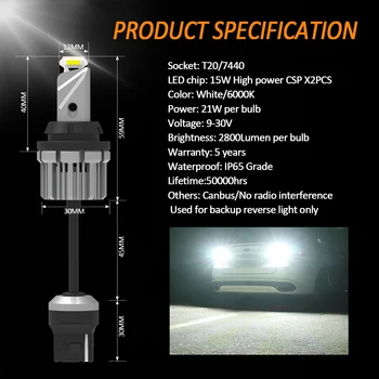 2stk Bil Backup LED Omvendt Lys 7440 T20 W21/5W W21W LED Pærer Med CSP Chips 21W 6000K 2800LM Xenon Hvid Canbus-Fejl Gratis 409
