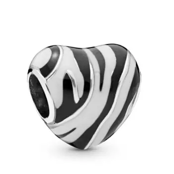 Ægte 925 Sterling Sølv Perler Nye Zebra Print Hjerte vedhæng Passer til pandora Kvinder, Armbånd & Halskæde Diy Smykker 5723