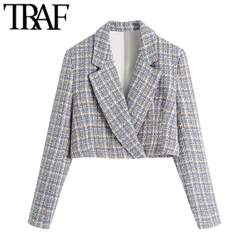 TRAF Kvinder Mode Skjult Knap Tweed Beskåret Blazer Vintage Pels Lange Ærmer Kvindelige Overtøj Smarte Veste Femme 69803