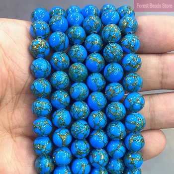 Natursten Gylden Stribe Blå Turkis Runde Løse Perler for DIY Armbånd, Øreringe Håndlavede Smykker at Gøre 15