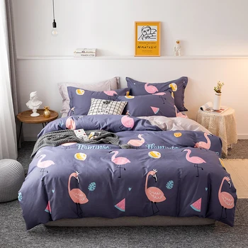 Fire-stykke sengetøj simple bomuld dobbelt husholdning, lagen, dyne dækker fortykkelse slibning sovesal, seng ark flamingo blå 84849