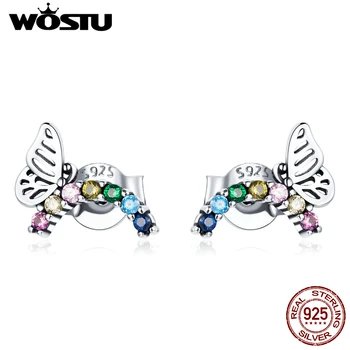 WOSTU 925 Sterling Sølv Butterfly Rainbow Stud Øreringe er Enkle Søde Insekt Øreringe Til Kvinder Mode Sølv Smykker CQE1181 9026