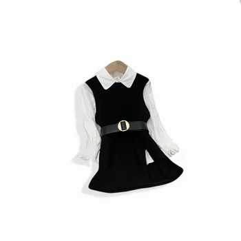 2021 Baby Girl Fashion Tøj Sæt Sød Hvid lang skjorte + strikket vest kjole Tøj Sæt, Børn, Fest, Fødselsdag Bære 30 914