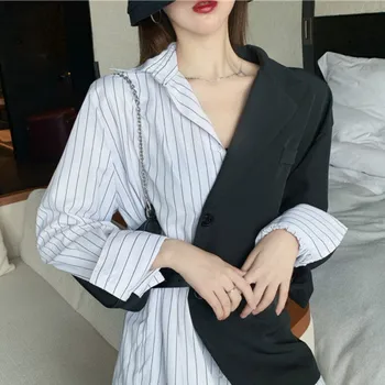 Kvinder Koreansk Mode Patchwork Blazere 2021 Foråret Efteråret Smarte Slanke Enkelt Breasted Kontor Dame Dragt Nye Vintage Pendler Blazer 9145