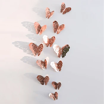 36Pcs Rose Gold Hule Papir Butterfly Dekorationer Stickers 3D Sommerfugle Væggen DIY Home Decor Flytbare vægoverføringsbilleder til Hjemmet 91529