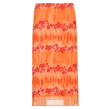 Summer Skirts Women Boho Beach Casual Skirts Female High Waist Floral Printing Orange Midi Skirt Party Holiday Clothing 97215