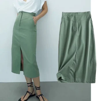Visne Enlgand Stil, Mode Solid Elegante Gaffel Bomuld Høj Talje Midi-Nederdel Kvinder Faldas Mujer Moda 2021Long Nederdele til Kvinder