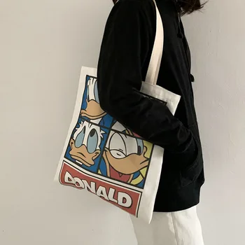 Kvinders Donald Duck Lærred Tote Tasker koreanske Studerende Skulder Bomuld Klud Shopping Taske Foldbar Shopper Taske Taske til Piger