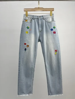 Retro Blå Stribede Jeans Straight Leg Bomuld Blomst Broderet Rå Kant er Beskåret Bukser Alle-Match Sommeren 2021 Kvinders Streetwear