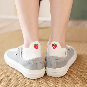 5 Par Søde Piger Japansk Koreansk Kvinder Bomuld Sokker, Hvid Blå Jordbær Ankel Sok Kort Sok Mode Frugt Tøfler Båd Sok