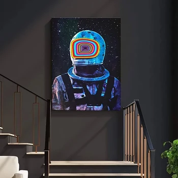 Sjove Astronaut Lærred Maleri Moderne Og Kreative Væg Plakater Rainbow Kosmonaut I Rummet Print Kunst Billeder Til Stue Indretning