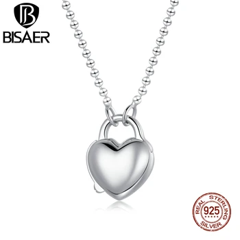 BISAER Heart lock Halskæde Til Kvinder 925 Sterling Sølv, Platin Belagt Luksus Mærke Mode Smykker, Tilbehør, Mode EFN227