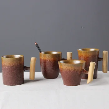 Japansk Keramik Og Krus Mælk Cup Brede Mund Kopper Med Træ-Håndtag Porcelæn, Juice, Øl, Vand, Te Kop Kontor Drinkware