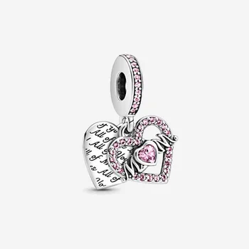 2021 Mors Dag 925 Sterling Sølv Perle Dobbelt Hjerte Split Dingle To-tone Rose Heart Charm Armbånd Smykker at Gøre DIY Gave