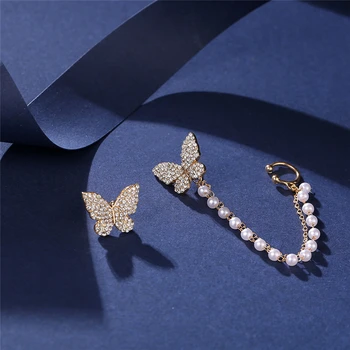 Elegant Bling Bling Rhinestone Butterfly Stud Øreringe til Kvinder, Piger 2021 Koren Stil Pearl Kæde Øreringe Smykker Gaver