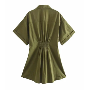 PSEEWE Za 2021 Army Grøn Mini-Shirt Kjole Kvinder om Sommeren Knappen Op kortærmet Kjole Kvinde Elastik i Taljen Afslappet Korte Kjoler