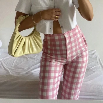 Mode Pink Plaid Afslappet Kvinder Bukser Med Høj Talje Smarte Sommer Lange Bukser Lige Alle-Match Kontor Dame Elegante Bukser
