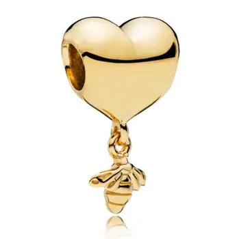Ægte 925 Sterling Sølv Charm Guld Farve Skinne Kærlighed Hjerte Hængende Bee Perler Passer til pandora Armbånd & Halskæde Diy Smykker