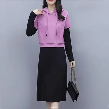 UHYTGF Elegante Studerende Forår To-delt Sæt Kvinders Mode Hooded Sweatshirt Toppe Med Base Kjole Suit Female 5XL Plus Size 1267