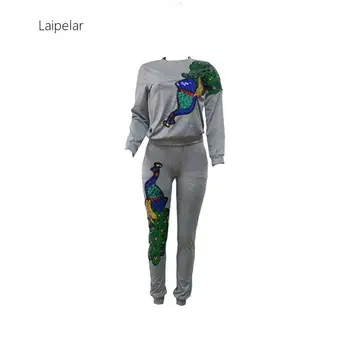 Mode Afslappet Peacock Pailletter Syning To Delt Sæt O-Neck Long Sleeve Top&Lange Bukser Passer Træningsdragt Sweatsuit Playsuit